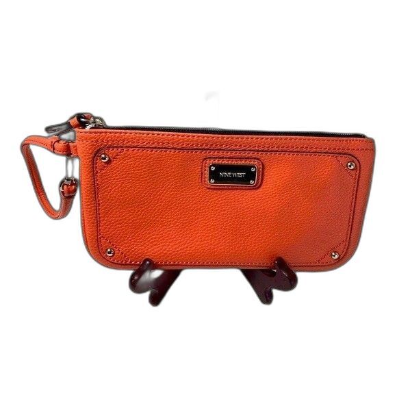 Nine West Faux Leather Orange Zip Clutch Wristlet Silver Cheetah Lining - Picture 1 of 4